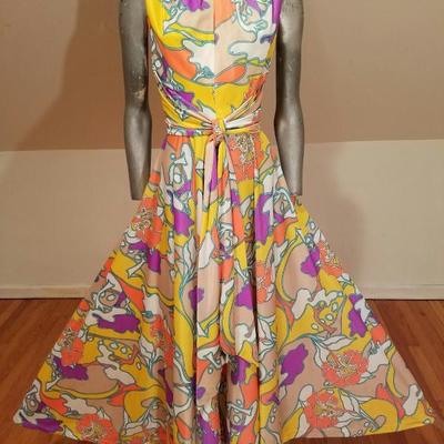 Vtg 1970's Hobo Chic Trapeze hand printed maxi fluid colorful gown