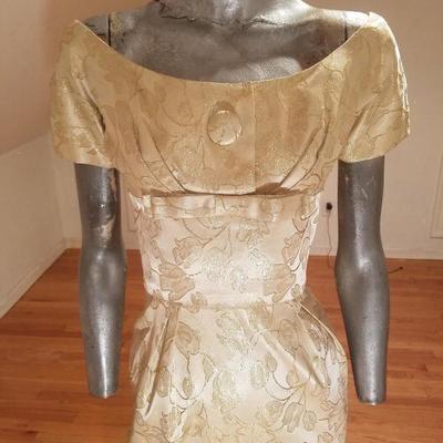 Vtg 1940's gold Brocade dress/jacket  ensemble large button metal zip