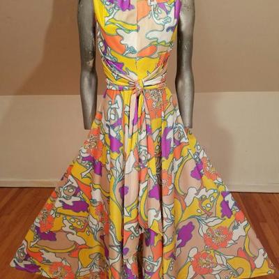Vtg 1970's Hobo Chic Trapeze hand printed maxi fluid colorful gown