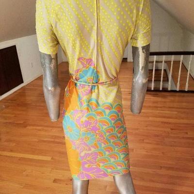 Vtg 1960's Floral silk screened print wiggle dress piped belt acetate 