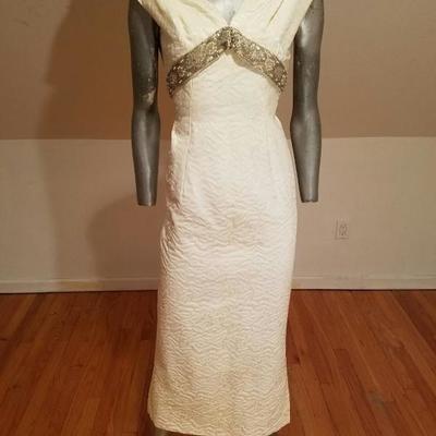 Vtg 1950's Hostess floral Brocade ensemble gown/jkt heavy embellished 