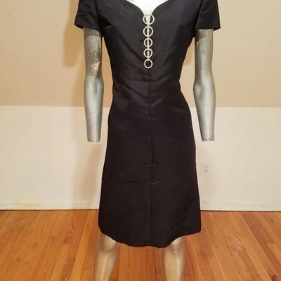 Vtg 1950 shantung wiggle dress crystal rhinestone bodice detail