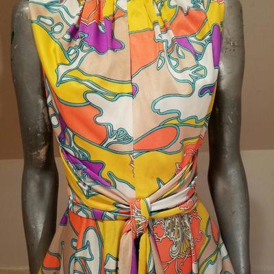 Vtg 1970's Hobo Chic Trapeze hand printed maxi fluid colorful gown