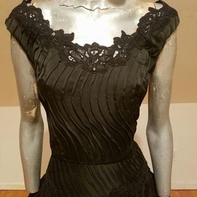 Vtg French Shantung full sweep dress Guipure lace swirl embroidery
