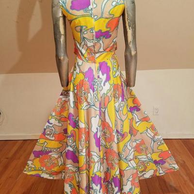 Vtg 1970's Hobo Chic Trapeze hand printed maxi fluid colorful gown