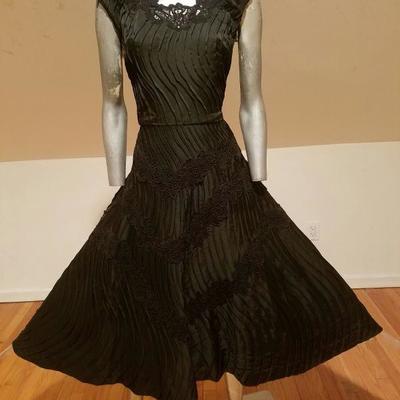 Vtg French Shantung full sweep dress Guipure lace swirl embroidery