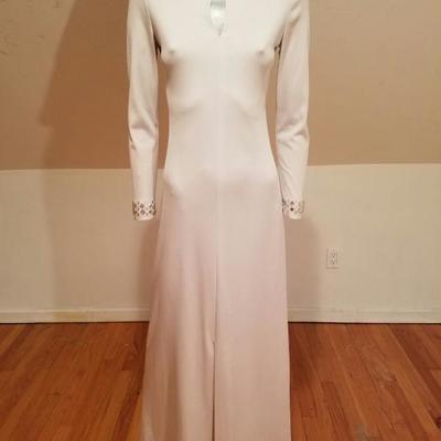 Vtg 1960's Mardi Gras Cheongsam silver grey maxi embellished gown