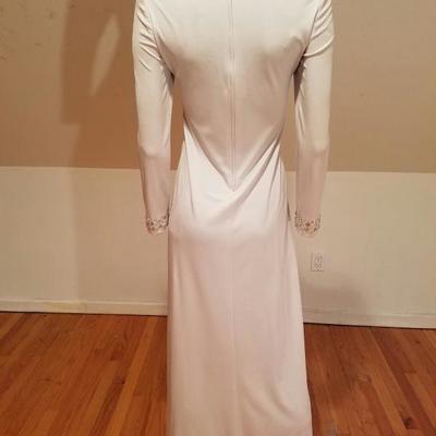 Vtg 1960's Mardi Gras Cheongsam silver grey maxi embellished gown