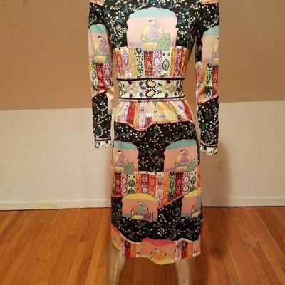 Vtg 1960's Goldworm Italy Hindu printed jersey dress