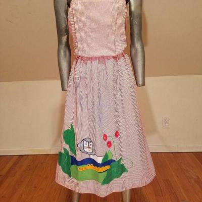 Vtg Pinafore seersucker dress with embroidered animal applique'