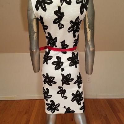 Vtg MOD wiggle piquet print dress red patent leather belt