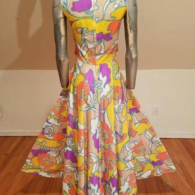 Vtg 1970's Hobo Chic Trapeze hand printed maxi fluid colorful gown