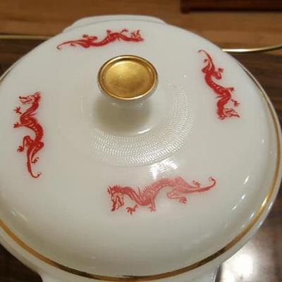 Fire King Dragon Pattern Casserole and Caddy