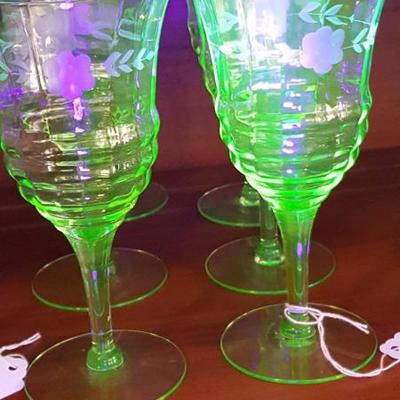 Set of Six Etched Uranium Wine Glasses