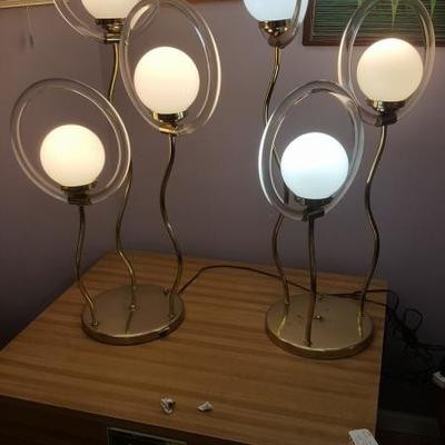 Pair Brass and Lucite Halo Lamps