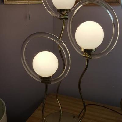 Pair Brass and Lucite Halo Lamps