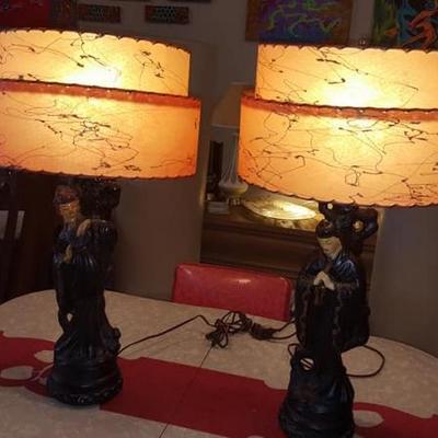 Pair Of Mid Century Chalare Asian Figural Lamps- Fiberglass Tiered Shades !