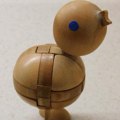 Set of Three Wood Puzzle Figurines Including Bird, Mouse and UFO