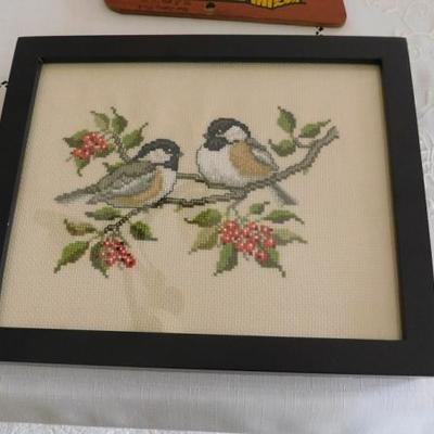 Framed Cross Stitch Robins on a Branch 