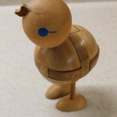 Set of Three Wood Puzzle Figurines Including Bird, Mouse and UFO