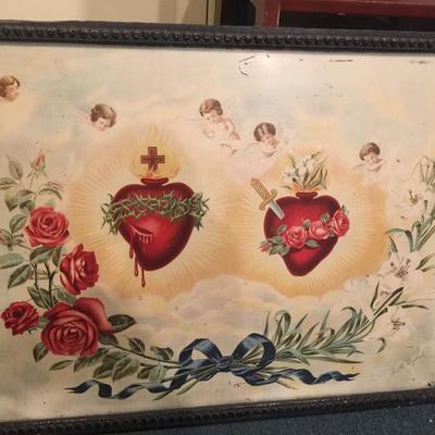 Sr. M. Raphael 1904 Tin Litho Sacred Heart & Cherubs Picture