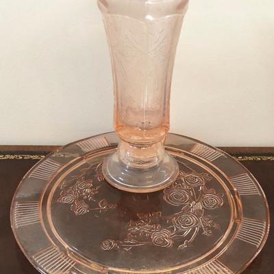 Lot/ Pink Depresion Glass Platter Vase 