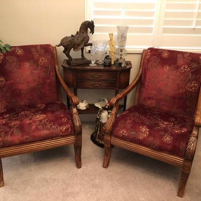 2 Upholstered Arm Chairs Burgandy Tapestry Fabric 