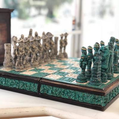 Aztec Mayan Stone Chess Set Turquoise Green Color (Item #668)