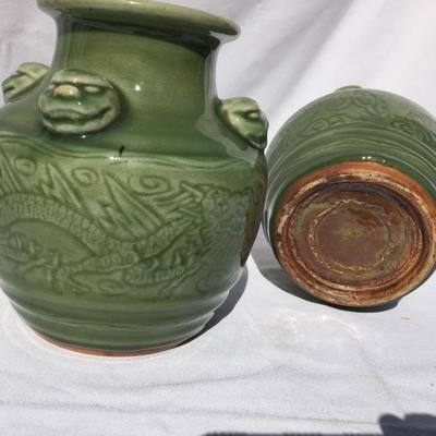 Pair of Celedon Glazed Urns