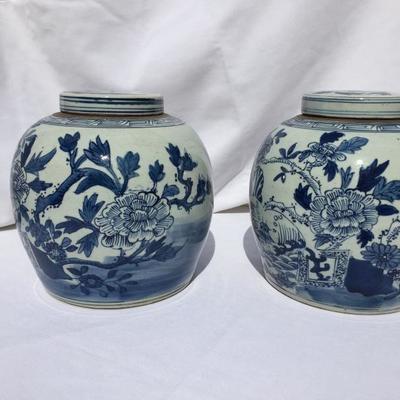 Pair Blue & White Lidded Urns