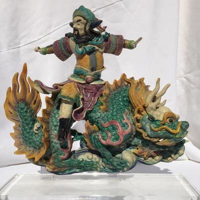 Glazed Ceramic Asian Warrior on Fish