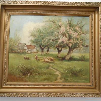 Original S.M. Hughes Framed Art Work Sheep and Farm House