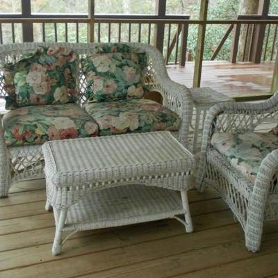 Wood Wicker Furniture Set Loveseat, Chair, Coffee Table, Plant Stand
