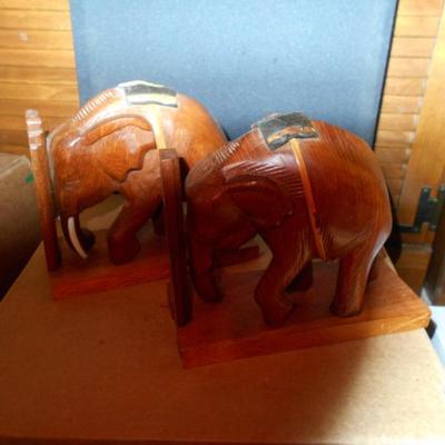 Wood Carved Elephant Book Ends