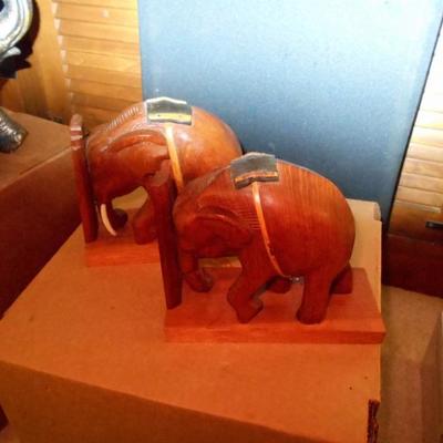 Wood Carved Elephant Book Ends