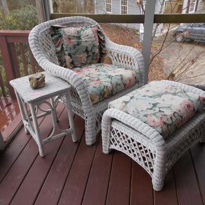 Wood Wicker Chair, Ottoman, Side Table with Cushions