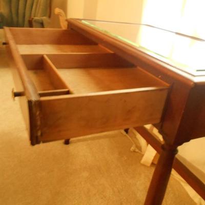 Wood Kneel Hole Desk with Glass Top and Drawer