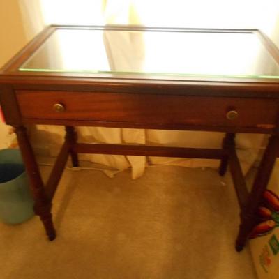 Wood Kneel Hole Desk with Glass Top and Drawer