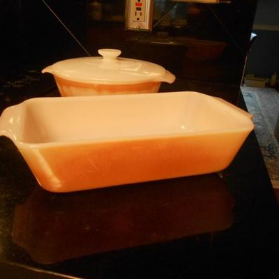 Orange and White Covered Dish and Loaf Pan by Fire King