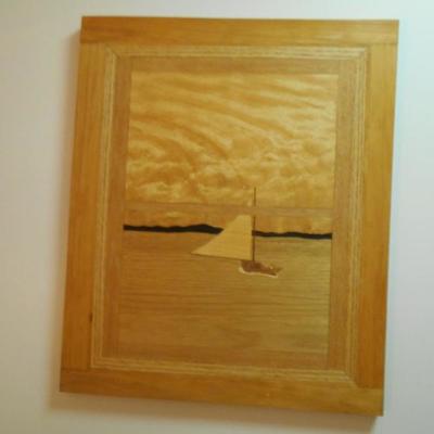Wood Inlay Sailboat on Lake Wall Art