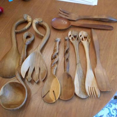 Collection of Wooden Utensils and Serving Pieces