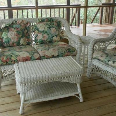 Wood Wicker Furniture Set Loveseat, Chair, Coffee Table, Plant Stand