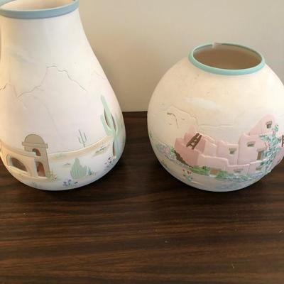 Red Lines Studio Pottery Southwestern style vases pair