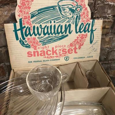 vintage Federal Glass Hawaiian Leaf Snack Sets 3