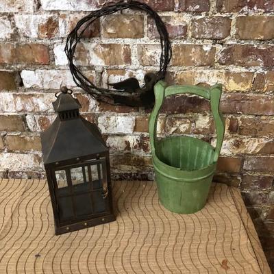 antique reproduction decor lot Lantern Bucket & Metal Wreath