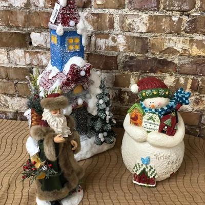 Christmas decor lot Snowman Cookie Jar-Santa figure-House