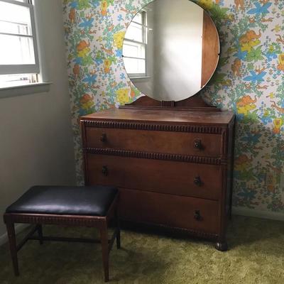 Lot 53 - Vintage Dresser, Bed Frame, Stool + Nightstand 