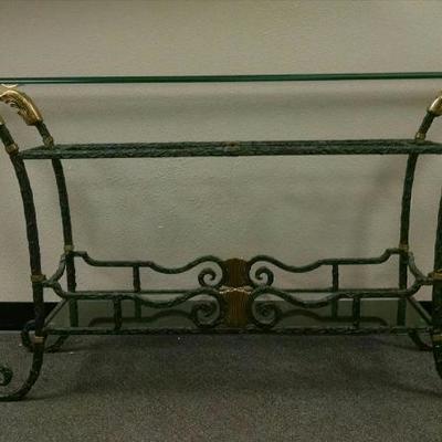 Cast iron console table with green petina, with two tiered glass table.