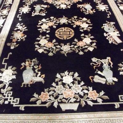 Handmade Chinese silk rug, black with pink floral pattern