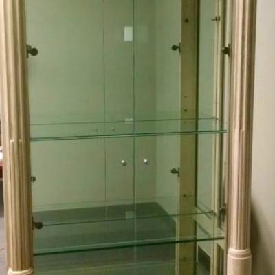 Set of 2  vitrine, bleached oak / glass lighted  display cabinets.
